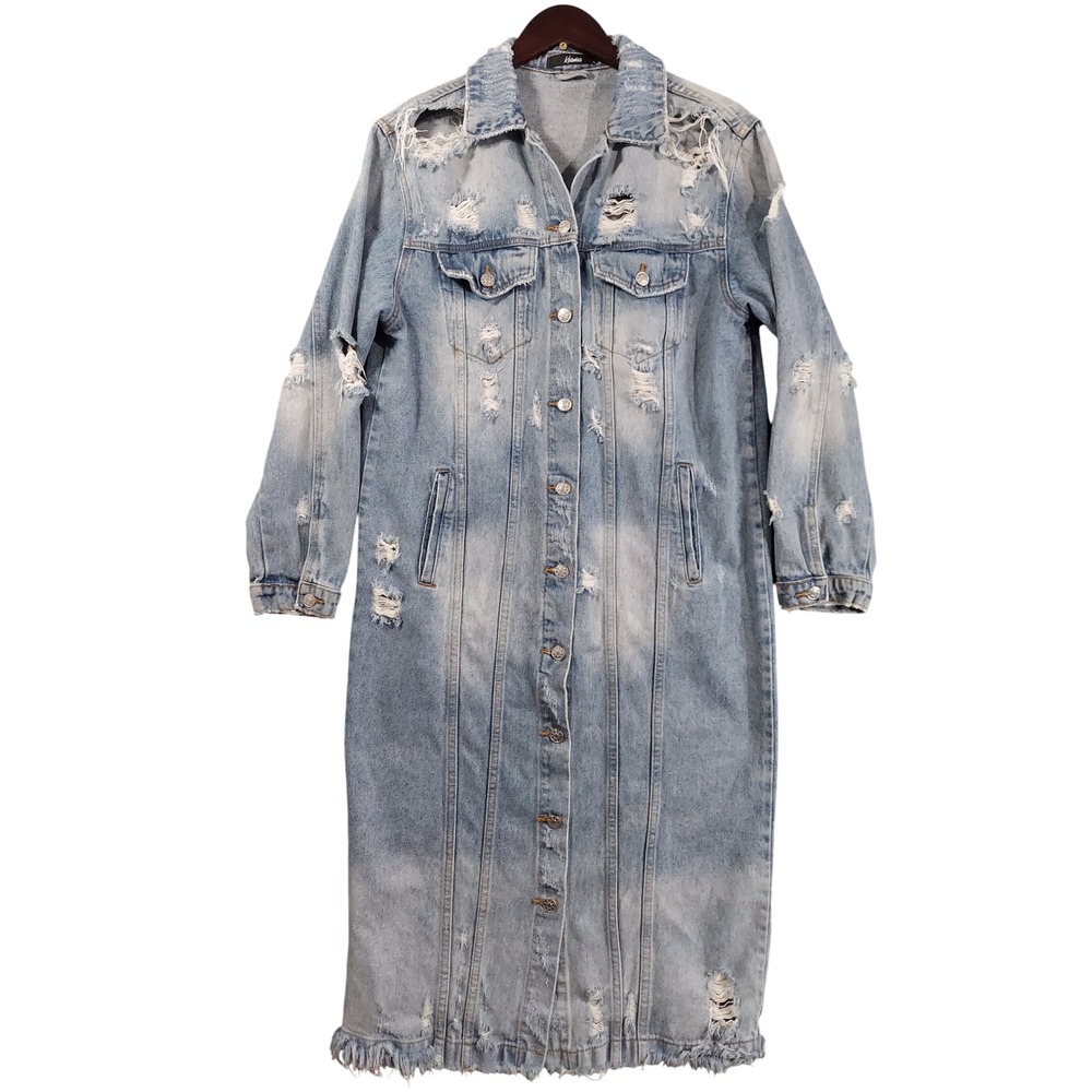 Kosmios Duster Jacket Women M Blue Distressed Longline Denim Frayed Hem 12781